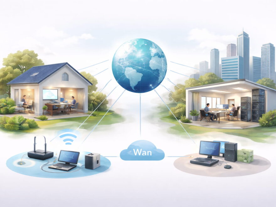 Übersicht verschiedener Netzwerkarten wie LAN, WLAN und WAN im Alltag dargestellt