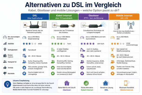 DSL Alternativen Vergleich Kabel Glasfaser und mobiles Internet mit Geschwindigkeit und Eigenschaften