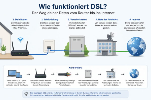 DSL Funktionsweise einfach erklärt mit Router, Telefonleitung und Verteilerkasten