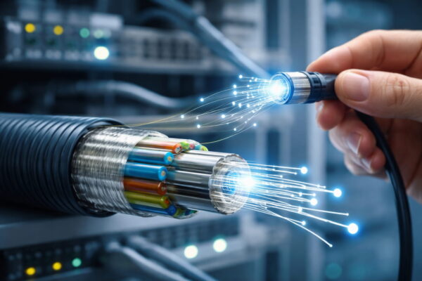 lwl lichtwellenleiter funktion LWL Lichtwellenleiter Glasfaserkabel mit sichtbarer Lichtübertragung im Inneren