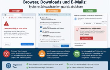 Beispiel für unsichere Website, riskanten Download und Phishing-E-Mail als typische Malware-Gefahren