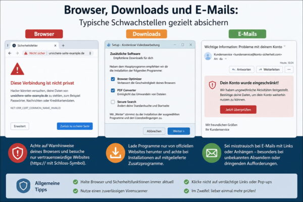 Beispiel für unsichere Website, riskanten Download und Phishing-E-Mail als typische Malware-Gefahren