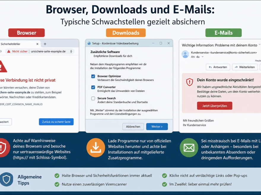Beispiel für unsichere Website, riskanten Download und Phishing-E-Mail als typische Malware-Gefahren