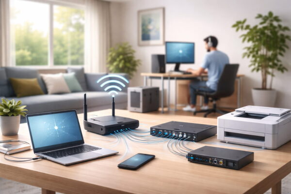 Heimnetzwerk mit Router, Switch und verbundenen Geräten wie Laptop, Smartphone und Drucker