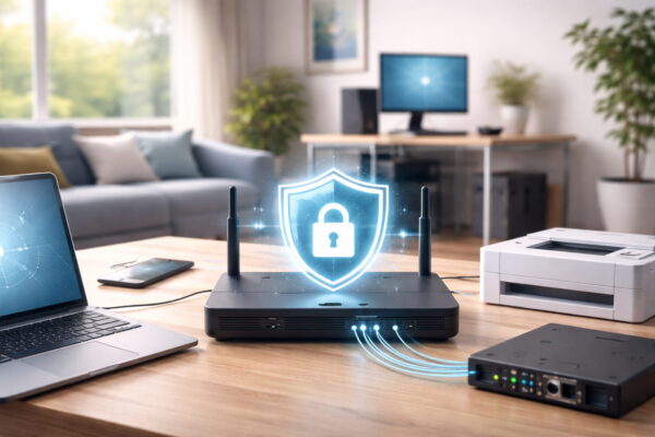 Heimnetzwerk mit Router und Schutzsymbol zur Darstellung von Netzwerksicherheit