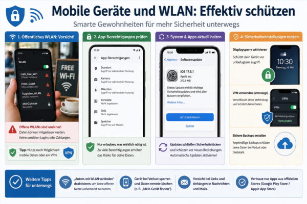Tipps zur Sicherheit von Smartphone und WLAN wie öffentliche Netzwerke, App-Berechtigungen und Updates