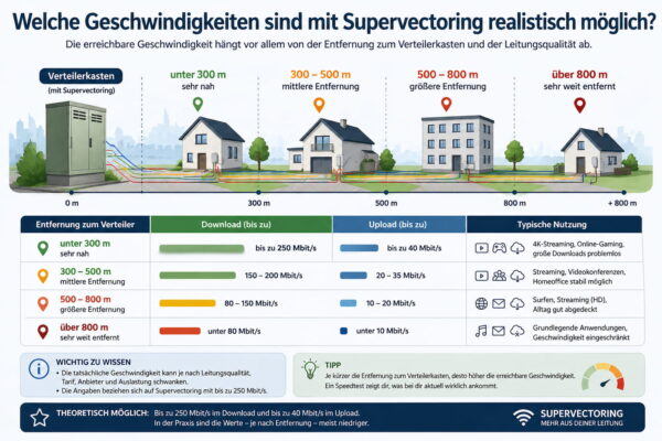 Supervectoring Geschwindigkeit abhängig von Entfernung: realistische Download- und Uploadwerte einfach erklärt