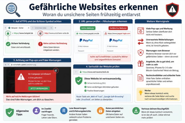 Beispiele für sichere und unsichere Websites sowie typische Warnsignale für Phishing und Betrug