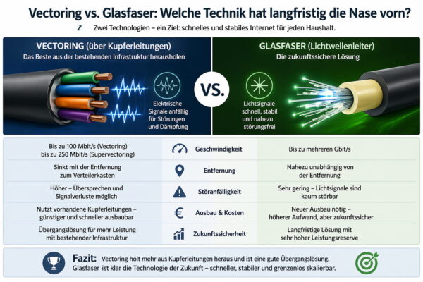 Vergleich von Vectoring und Glasfaser mit Geschwindigkeit und Technikunterschieden