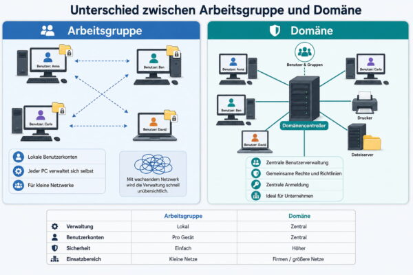 Vergleichsgrafik zwischen Arbeitsgruppe und Domäne mit lokaler und zentraler Netzwerkverwaltung