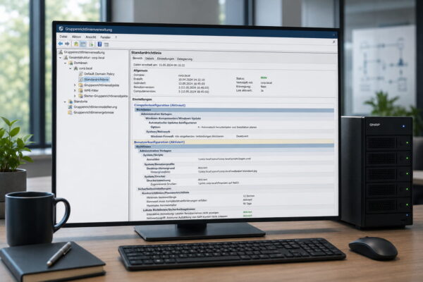 Monitor mit geöffneter Gruppenrichtlinienverwaltung in einer modernen IT-Umgebung