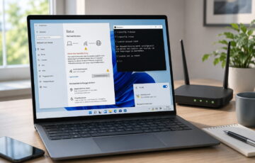 Laptop mit Windows-Netzwerkfehler keine gültige IP-Konfiguration und Router im Hintergrund