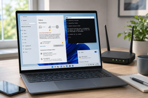Laptop mit Windows-Netzwerkfehler keine gültige IP-Konfiguration und Router im Hintergrund