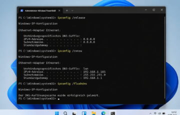 Windows-Terminal mit ipconfig-Befehlen zum Erneuern der IP-Adresse