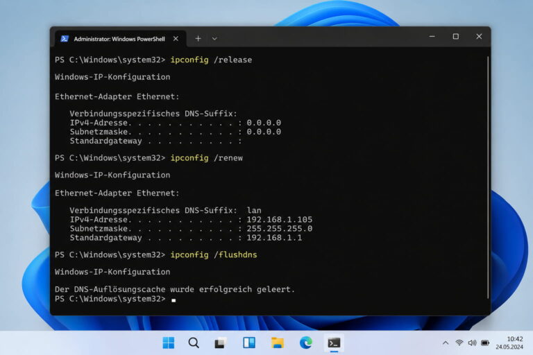 Windows-Terminal mit ipconfig-Befehlen zum Erneuern der IP-Adresse
