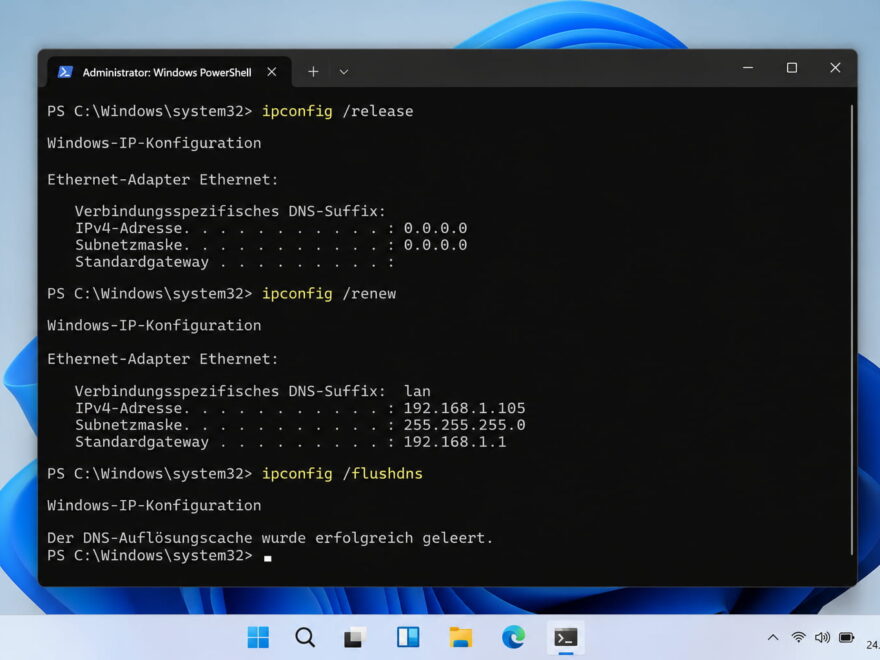 Windows-Terminal mit ipconfig-Befehlen zum Erneuern der IP-Adresse