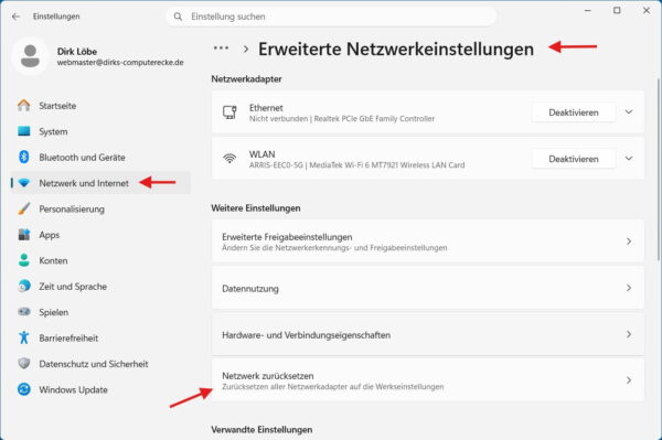 Windows 11 Einstellungen mit Option Netzwerk zurücksetzen