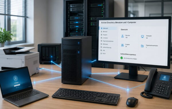 Moderne IT-Umgebung mit zentralem Server, verbundenen Netzwerkgeräten und Domänenverwaltung auf einem Monitor