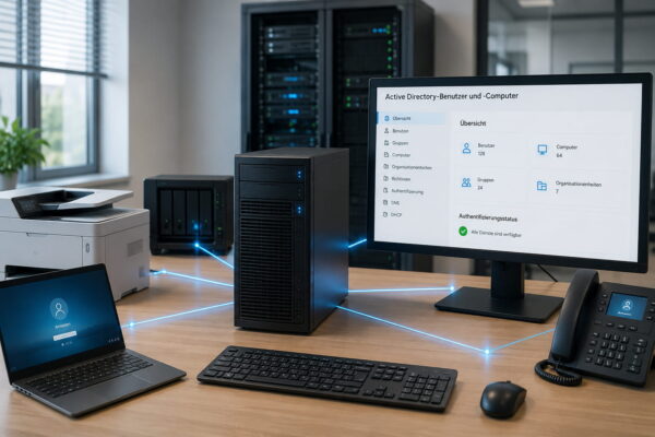 Moderne IT-Umgebung mit zentralem Server, verbundenen Netzwerkgeräten und Domänenverwaltung auf einem Monitor