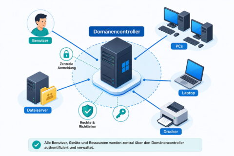 Schaubild einer Netzwerkdomäne mit Domänencontroller, Benutzern, PCs, Laptop, Dateiserver und Drucker