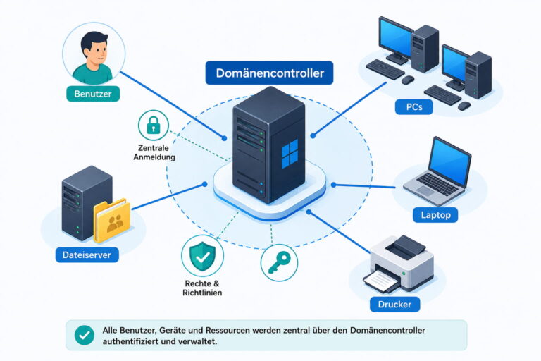Schaubild einer Netzwerkdomäne mit Domänencontroller, Benutzern, PCs, Laptop, Dateiserver und Drucker