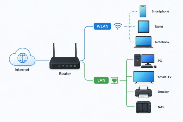Heimnetzwerk aufbauen: Router, WLAN und LAN im Überblick Schaubild zum Heimnetzwerk aufbauen mit Router, WLAN, LAN und verbundenen Geräten