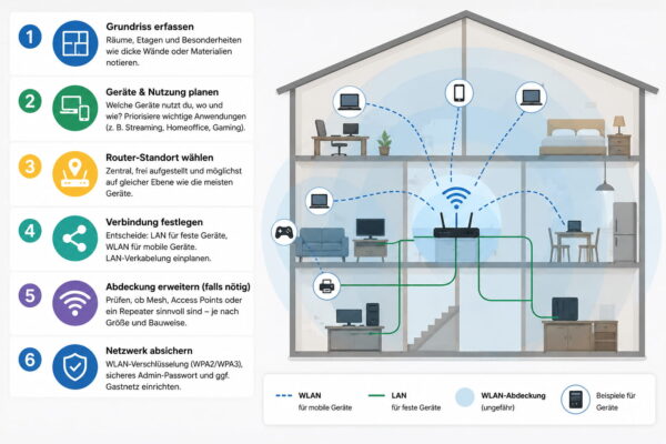 Checkliste zur Heimnetzwerk-Planung mit WLAN, LAN, Router und Geräten