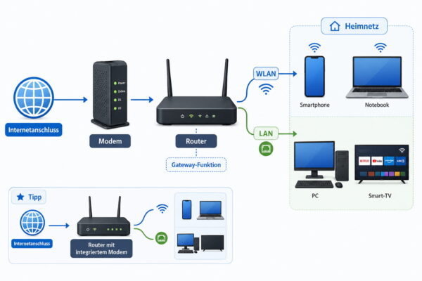 Modem, Router und Gateway im Heimnetz einfach erklärt Schaubild zum Unterschied zwischen Modem, Router und Gateway im Heimnetz