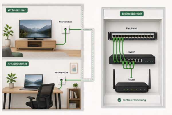Heimnetzwerk mit Netzwerkdosen und Patchfeld aufbauen Feste Heimnetzwerk-Verkabelung mit Netzwerkdosen, Patchfeld, Switch und Router