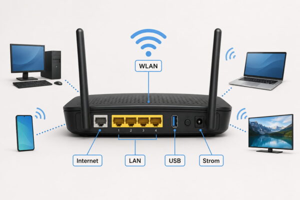 Router im Heimnetz: Anschlüsse und Aufgaben einfach erklärt Router als zentrale Schaltstelle im Heimnetz mit WLAN, LAN, Internetanschluss, USB und Stromanschluss
