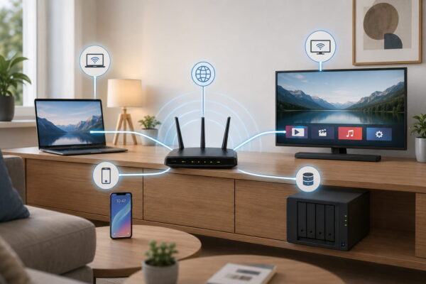 Router als Zentrale im Heimnetzwerk mit Laptop, Smartphone, Smart-TV und NAS