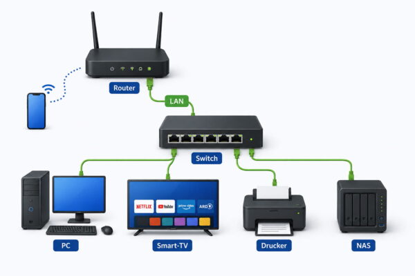 Switch im Heimnetz für zusätzliche LAN-Anschlüsse Switch erweitert das Heimnetz mit zusätzlichen LAN-Anschlüssen für PC, Smart-TV, Drucker und NAS